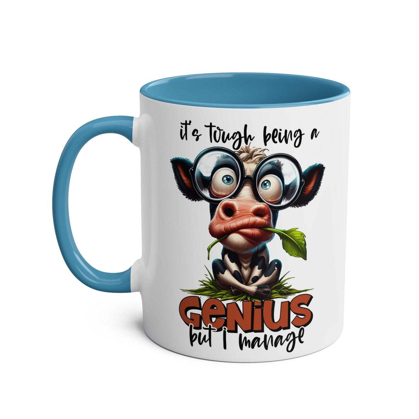 Funny animal graphic on a Genius Coffee Mug with a blue handle and humorous text.