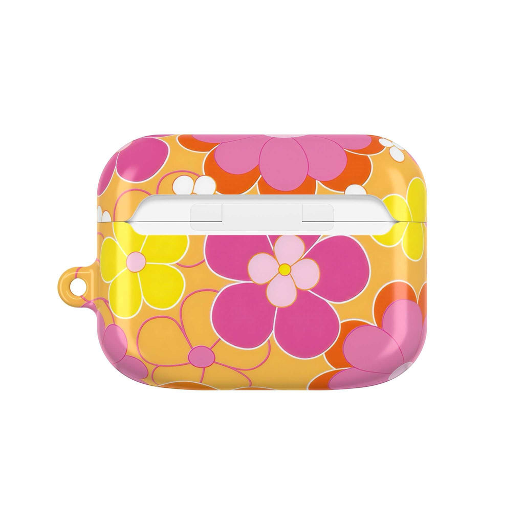 Retro floral AirPods protective case with bright pink, yellow, and orange flowers on a glossy hard shell cover