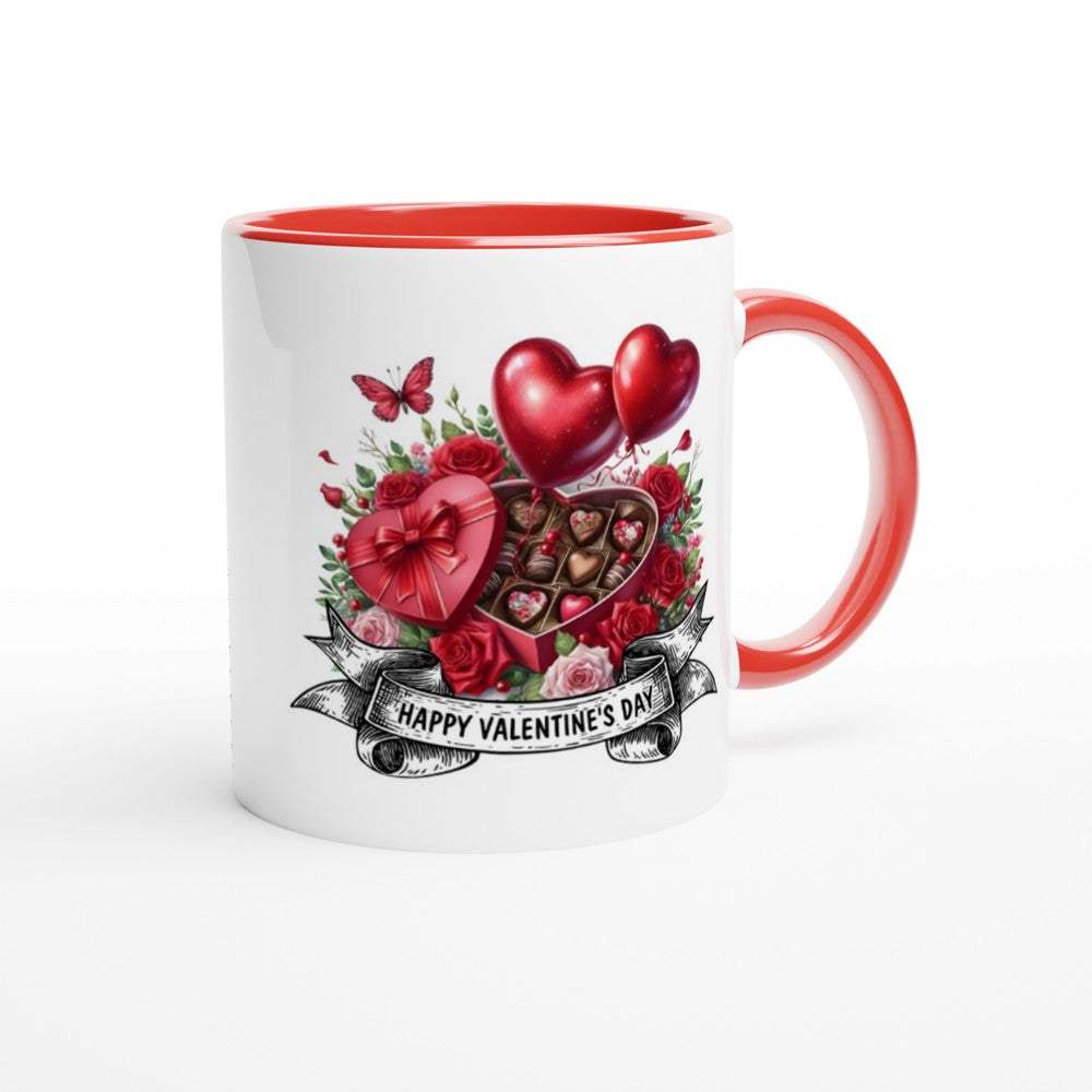 Gorgeous Valentine's Mug with vibrant print, red handle, and heart design.