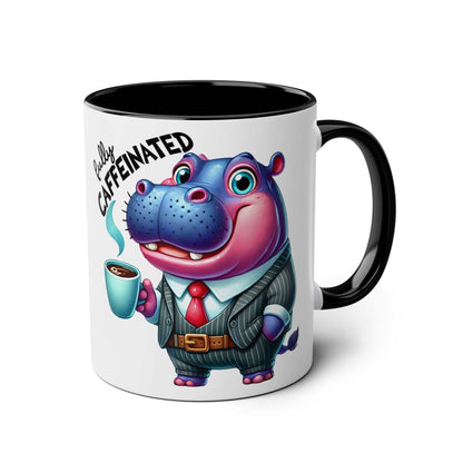 Fun Sarcastic Coffee Mug featuring a cartoon hippo in a suit with "Fully Caffeinated" text, glossy finish, 11oz ceramic, microwave and dishwasher safe.