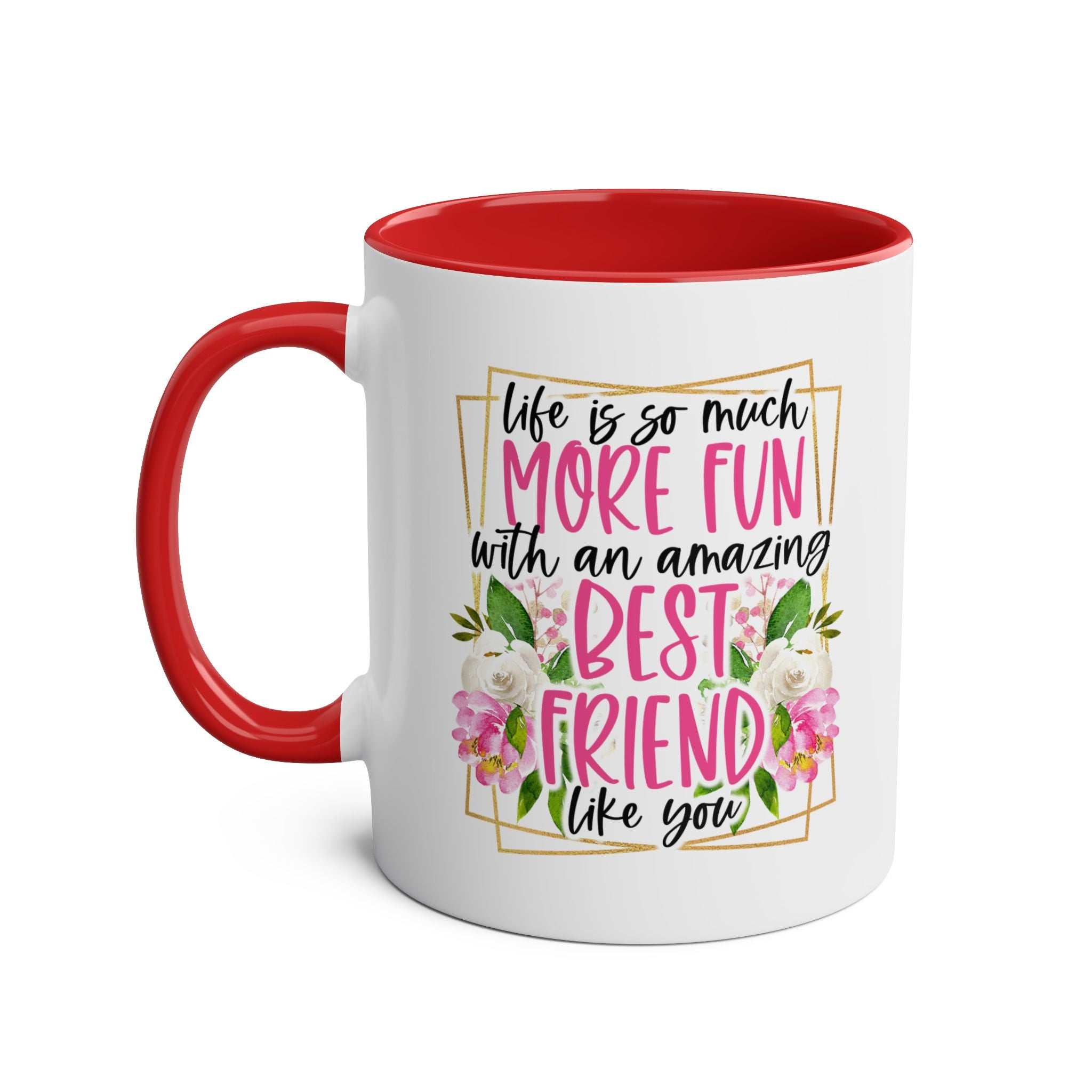 Amazing Friend Coffee Mug with floral design and red handle, perfect for friendship gifts.