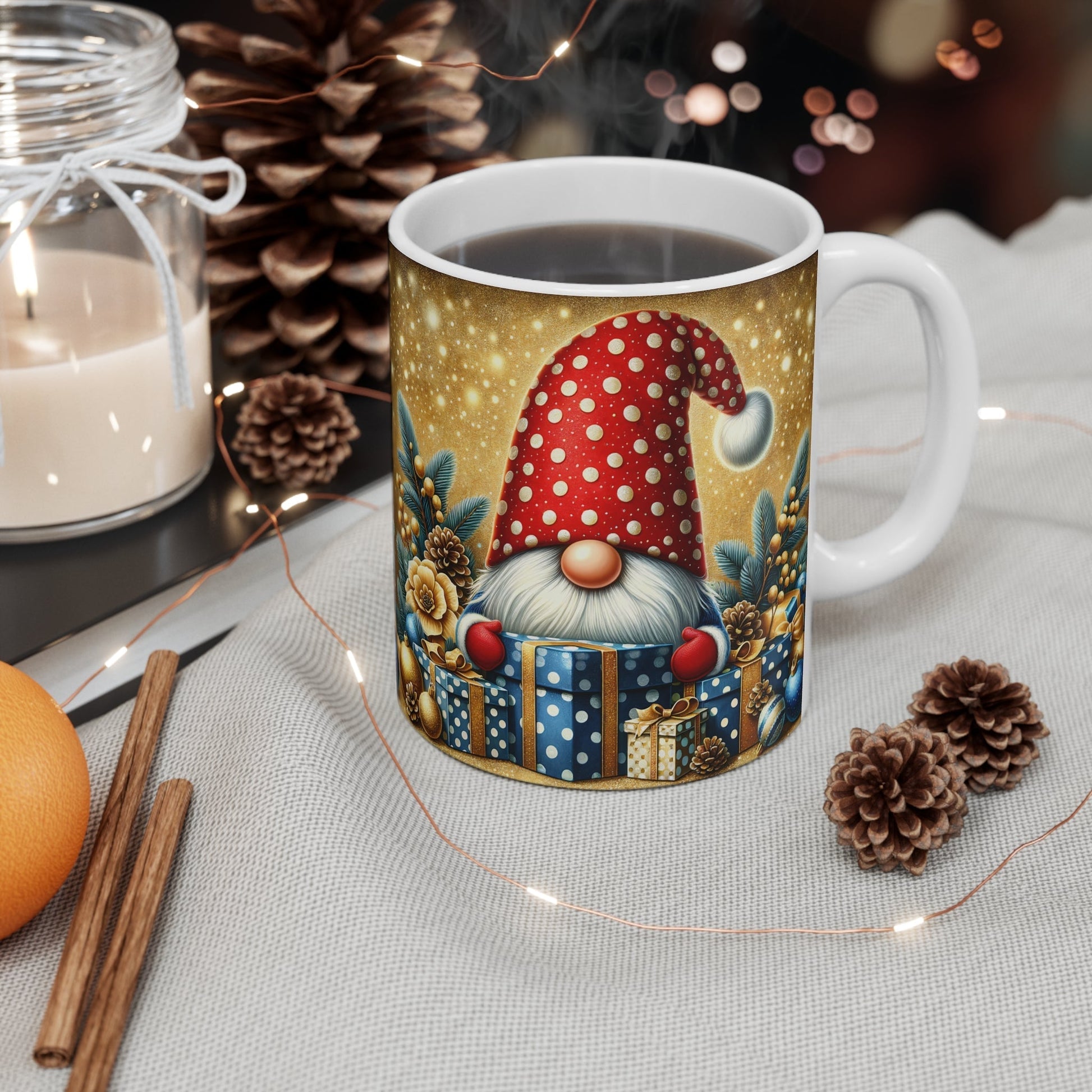 Christmas gnome mug with festive design, perfect for hot chocolate; 11oz ceramic, glossy finish, microwave and dishwasher safe.