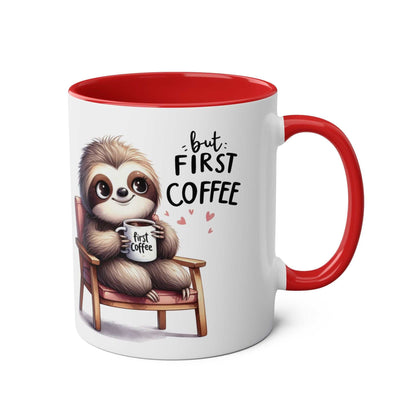 Cute sloth coffee mug with whimsical design and red interior.