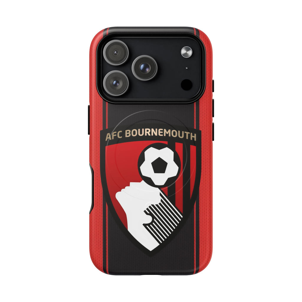 AFC Bournemouth MagSafe iPhone case with red and black club colors and crest, dual-layer protection, and MagSafe compatibility