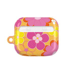 Retro floral hard shell AirPods protective case in vibrant pink and yellow colors with a glossy finish