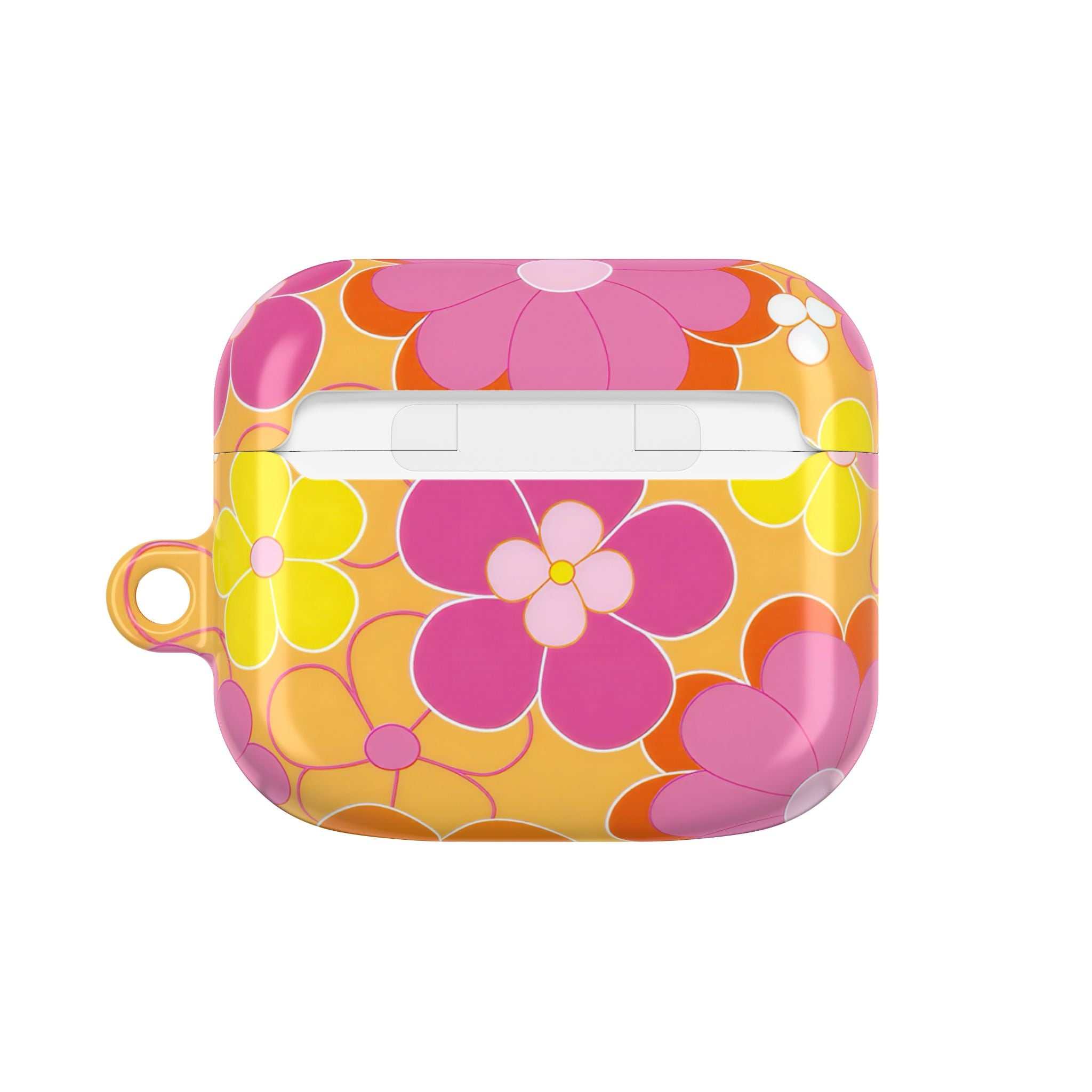 Retro floral hard shell AirPods protective case in vibrant pink and yellow colors with a glossy finish