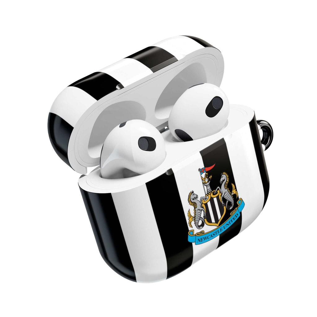 Newcastle Utd FC themed AirPods Pro protective case with black and white stripes and club crest, shock-resistant and wireless charging compatible