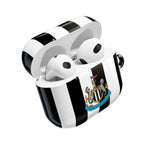 Newcastle Utd FC themed AirPods Pro protective case with black and white stripes and club crest, shock-resistant and wireless charging compatible