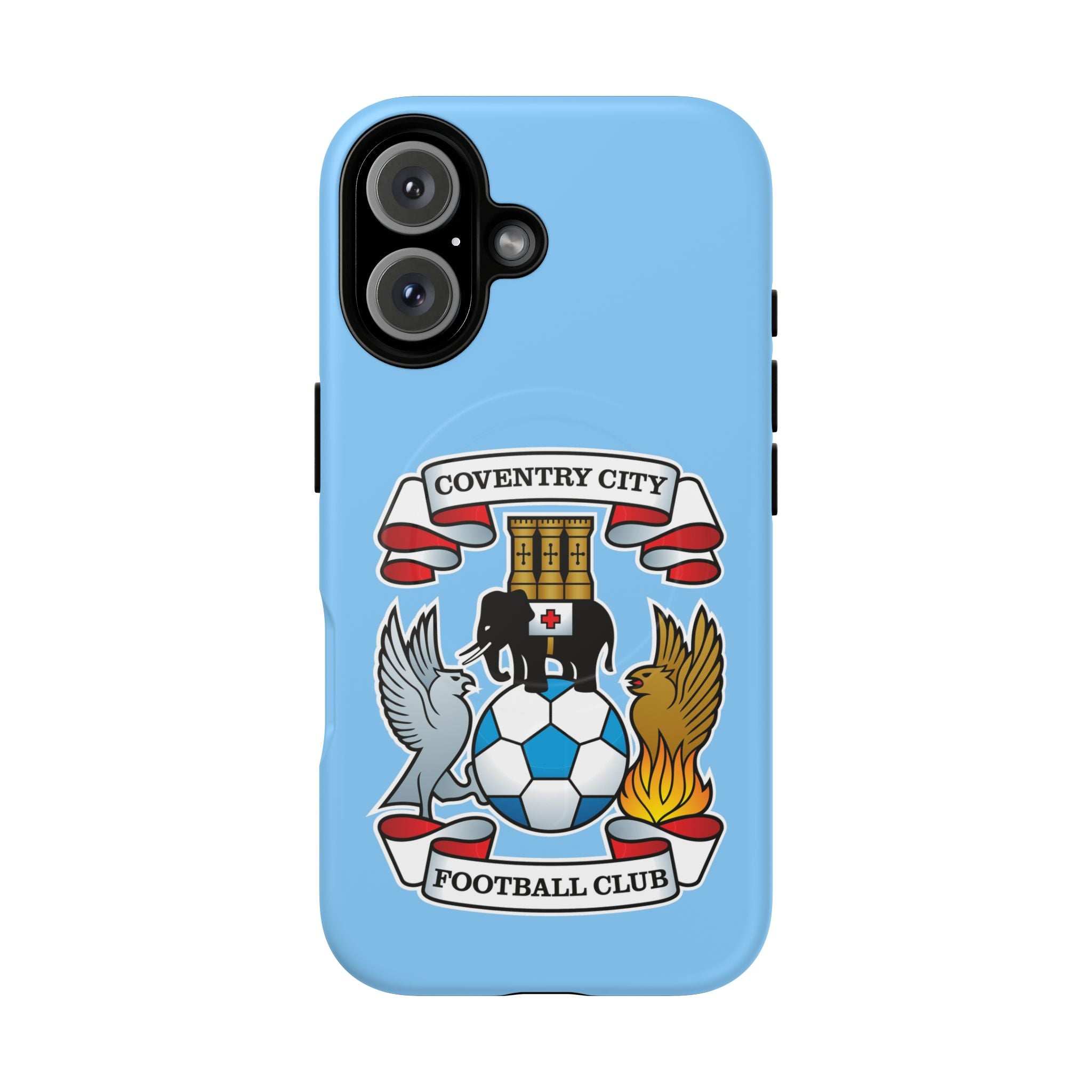 Coventry City Magsafe iPhone Case with club crest and sky blue color, dual-layer protection, MagSafe compatible.