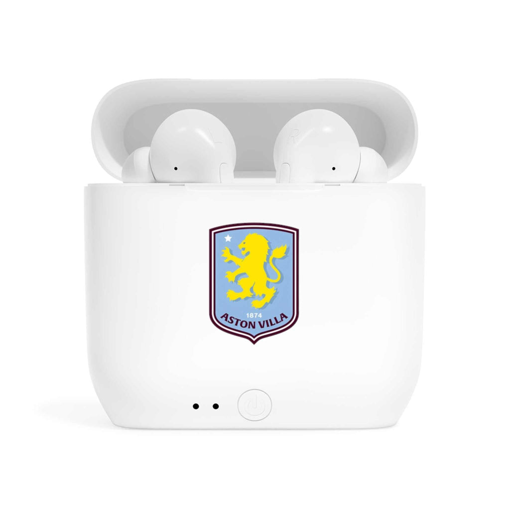 Aston Villa Wireless Essos Earbuds in white charging case with fan-inspired club crest design