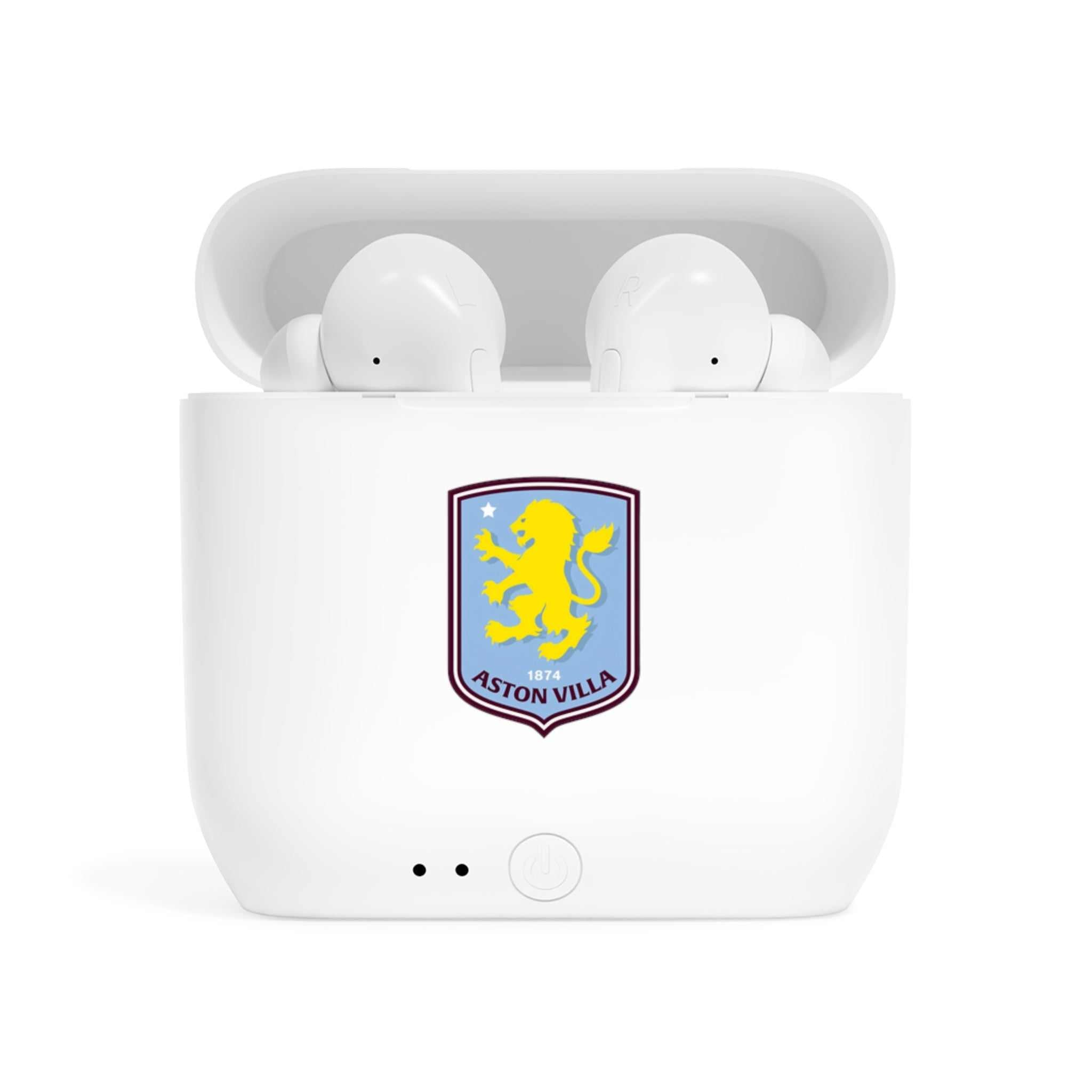 Aston Villa Wireless Essos Earbuds in white charging case with fan-inspired club crest design