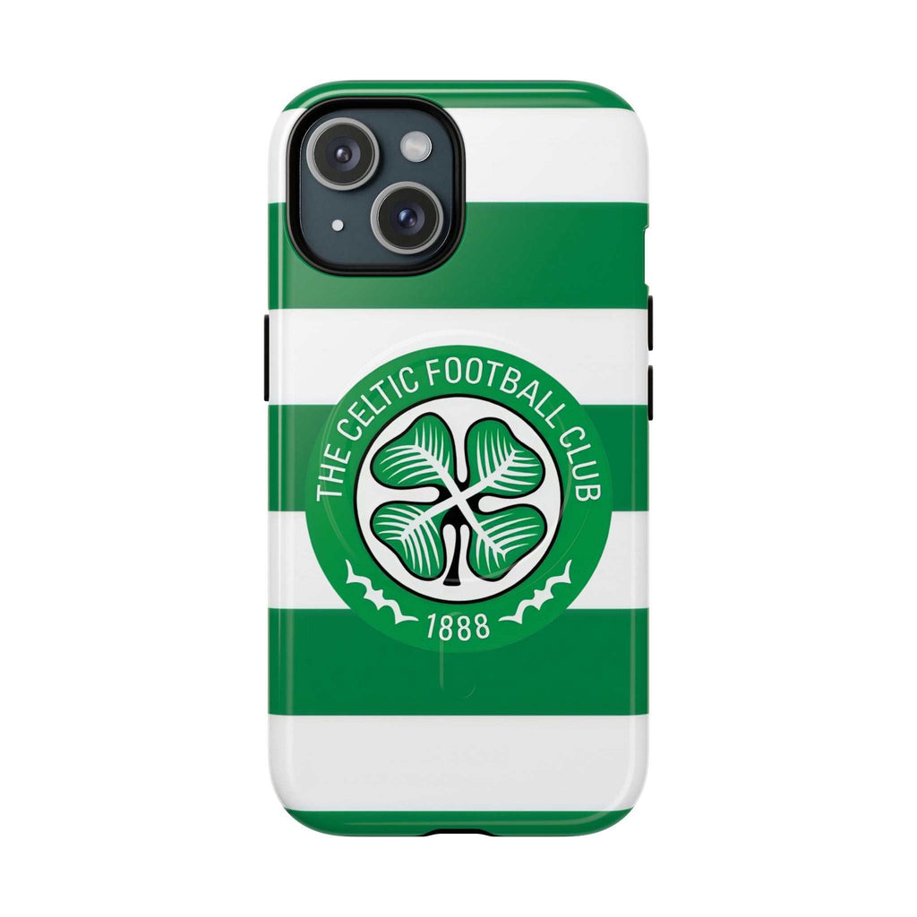 Celtic MagSafe iPhone Case with green and white stripes, club crest, dual-layer protection, shock-absorbing TPU, and MagSafe compatibility