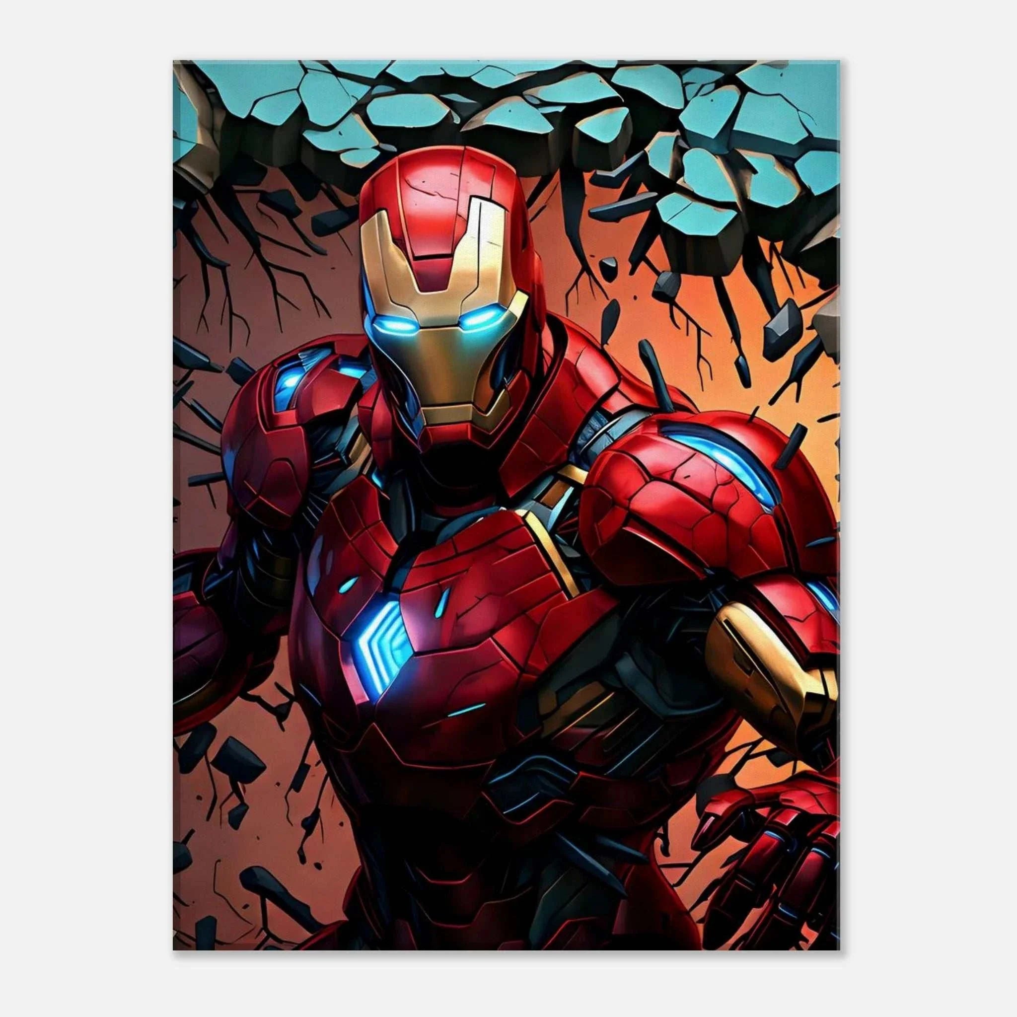Ironman Wall Canvas featuring bold artwork of the iconic superhero breaking through a wall, ideal for fans seeking adventure and style.