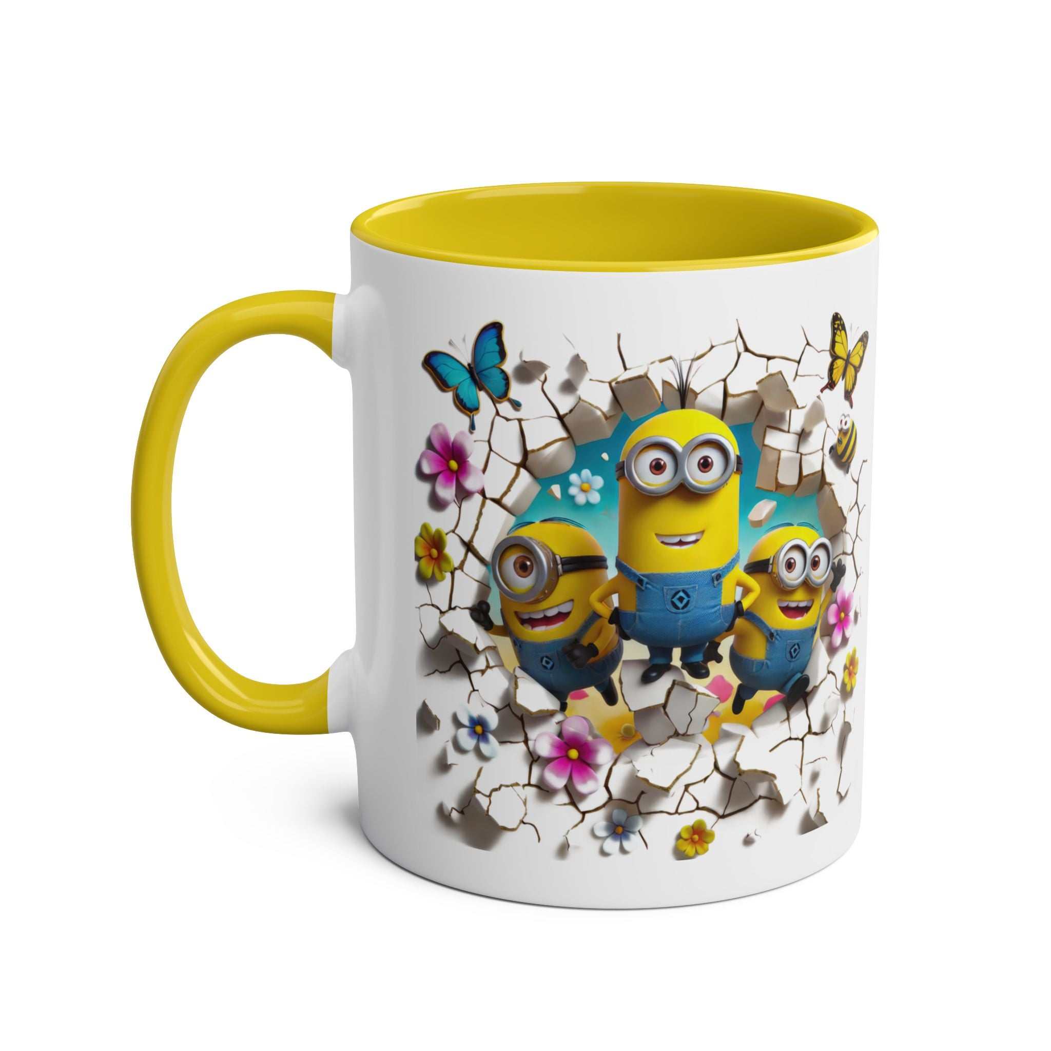 Fun Minion themed coffee mug with mischievous character design and yellow handle.