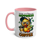 Cheerful duck illustration on Happiness Coffee Mug with pink handle and interior.