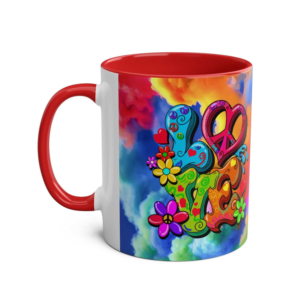 LGBTQ+ Pride Mug with vibrant rainbow design and peace symbols.