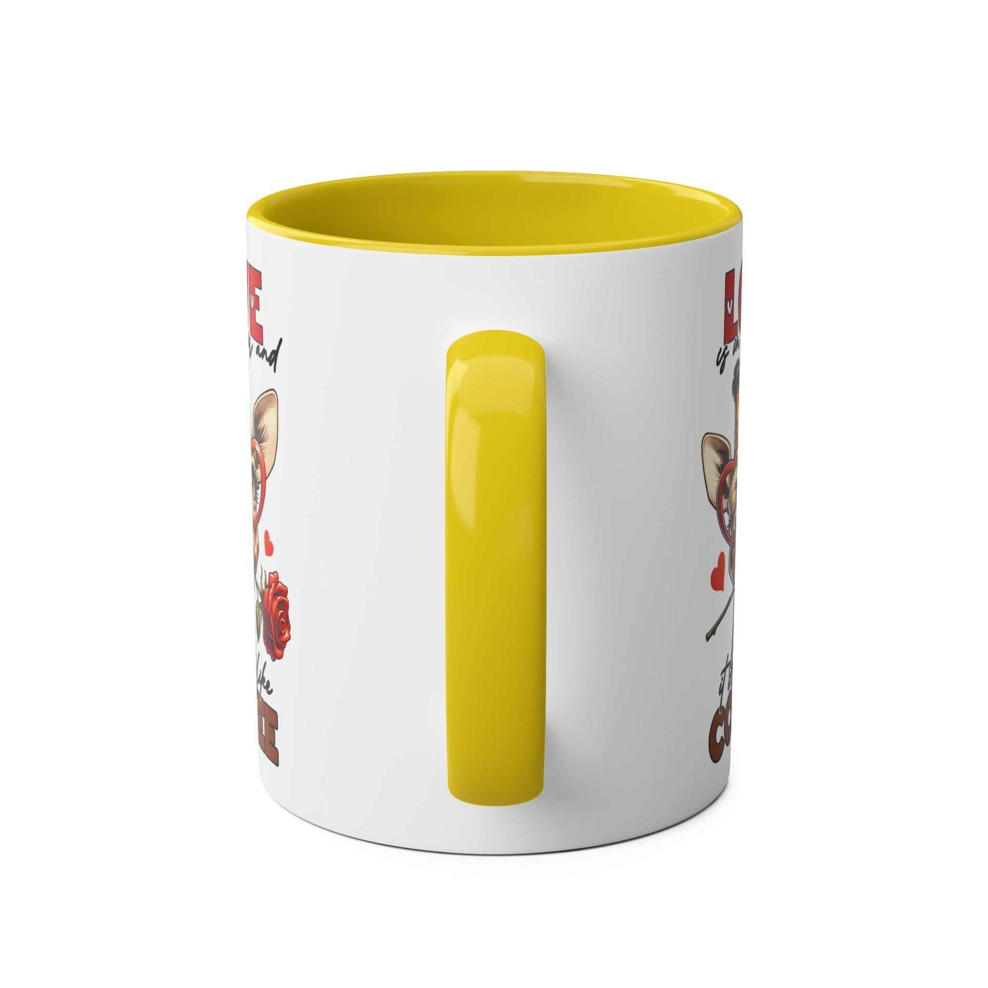 Smells Like Coffee Mug with giraffe design, yellow handle, ceramic, microwave and dishwasher safe.