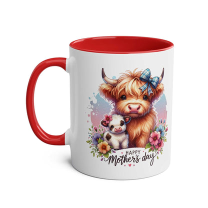 Cute Highland Cow Mother's Day gift mug with colorful design and red handle.