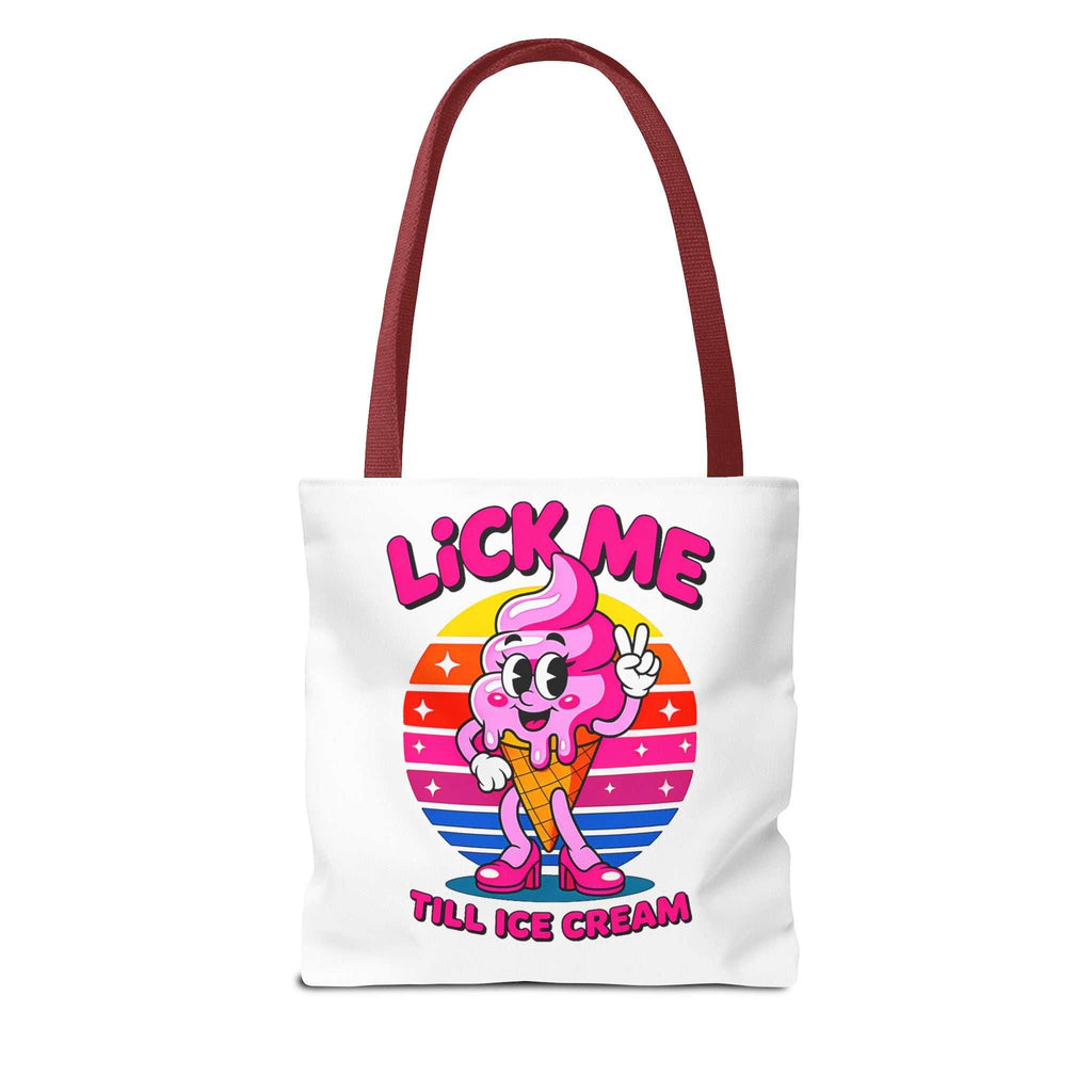 Cheeky Lick Me Till Ice Cream Tote Bag in multiple sizes with colorful handles and durable spun polyester fabric