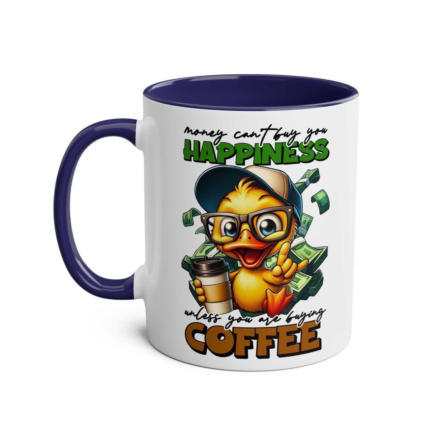 Happiness Coffee Mug with cheerful duck illustration and motivational text.