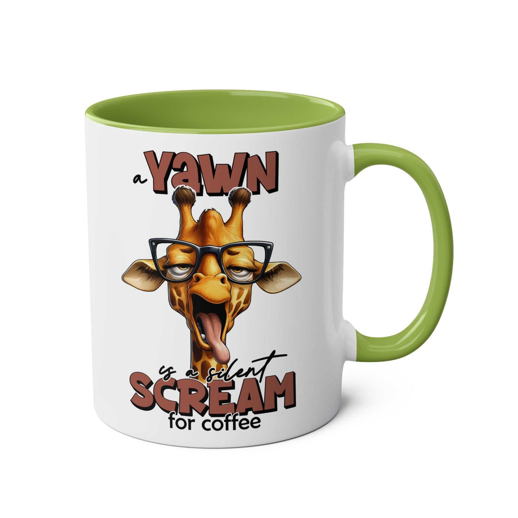 Quirky giraffe design on Yawn Coffee Mug with a green interior and handle.