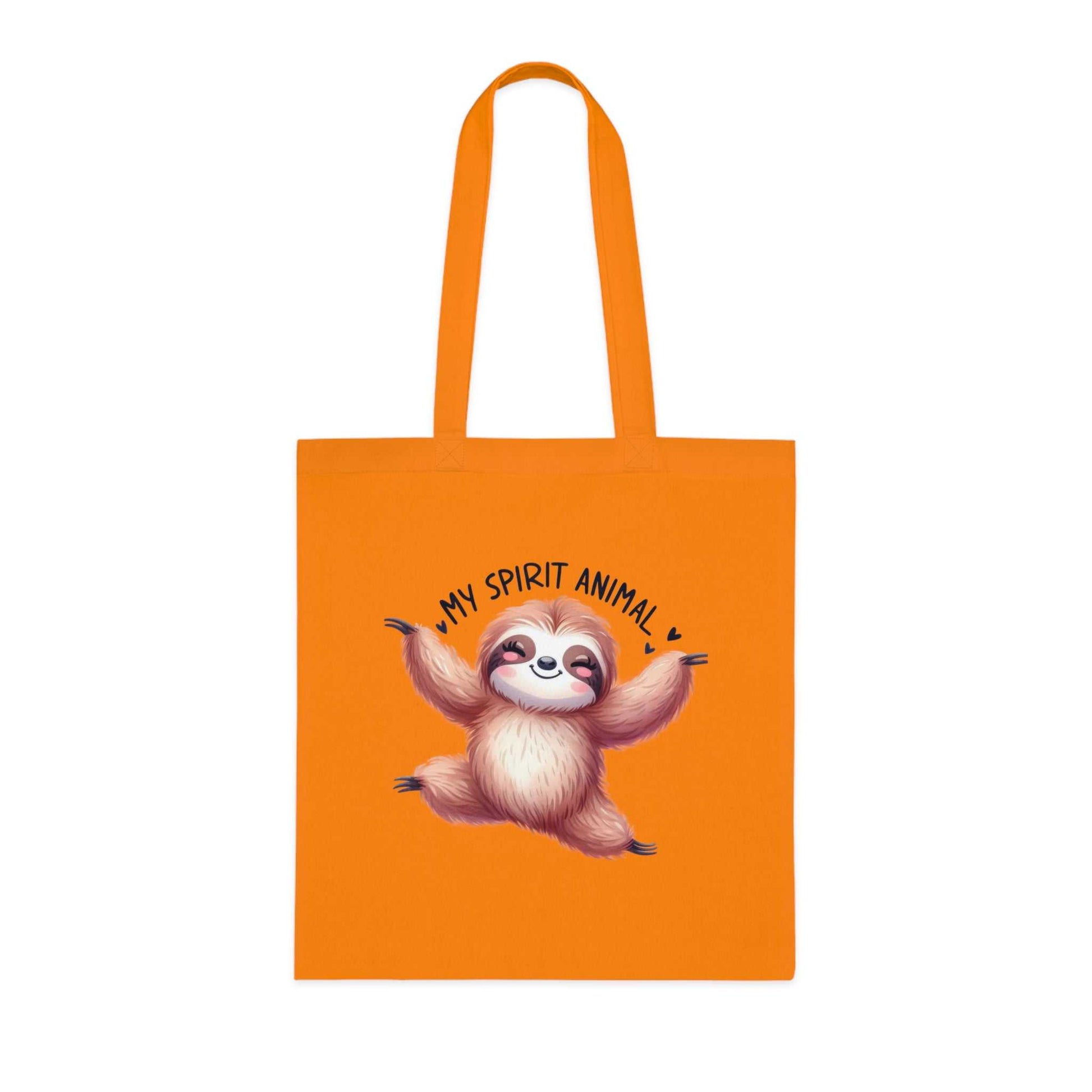 Cute sloth tote bag, vibrant orange, 100% cotton, adorable design, ideal for sloth lovers.