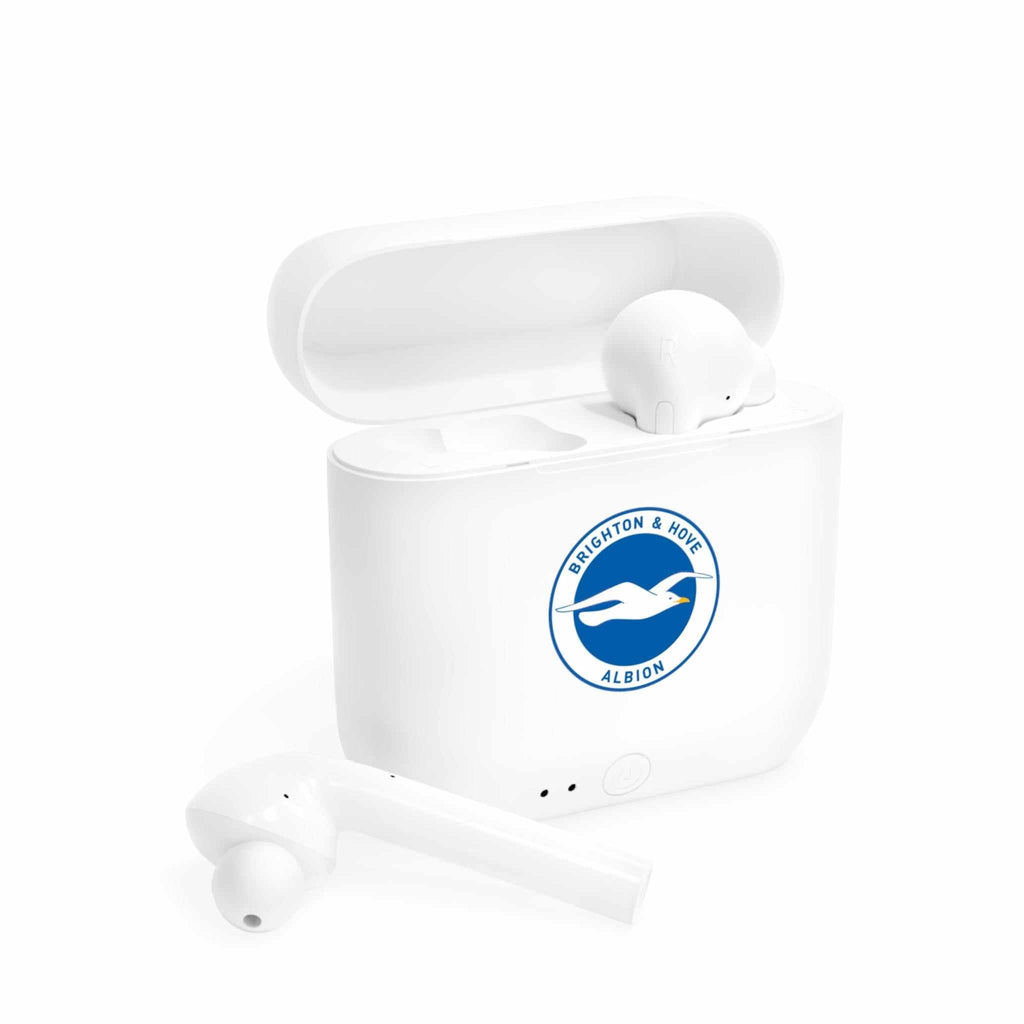Brighton Fc wireless earbuds with charging case featuring fan-inspired club crest design
