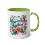 Cheeky floral Morning Fuckers coffee mug with green handle and glossy finish.