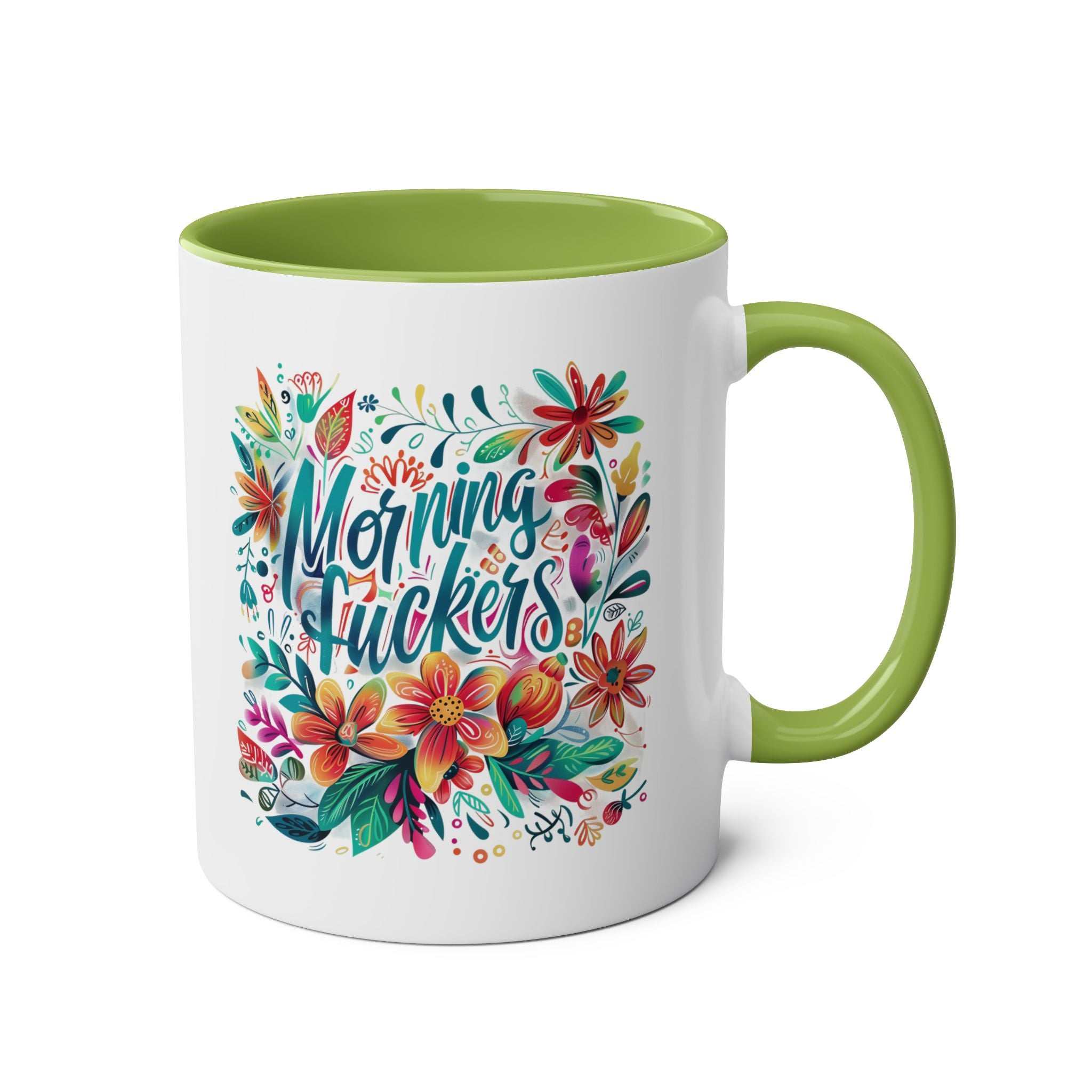 Cheeky floral Morning Fuckers coffee mug with green handle and glossy finish.
