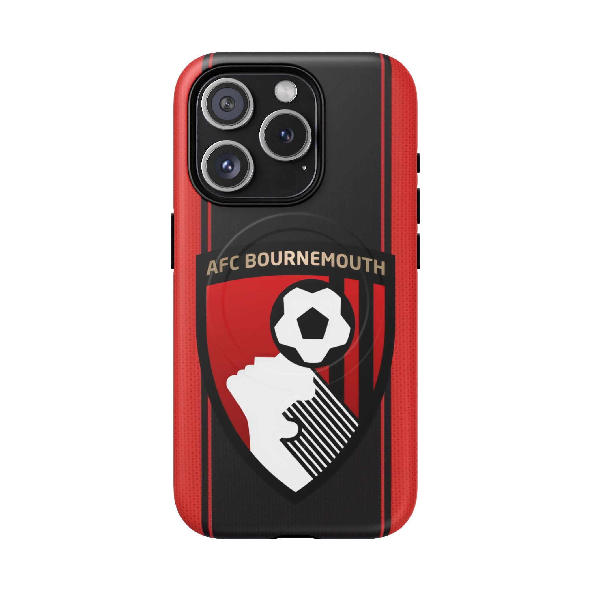 AFC Bournemouth MagSafe iPhone case with red and black team colors, club crest, dual layer protection, and MagSafe compatibility.