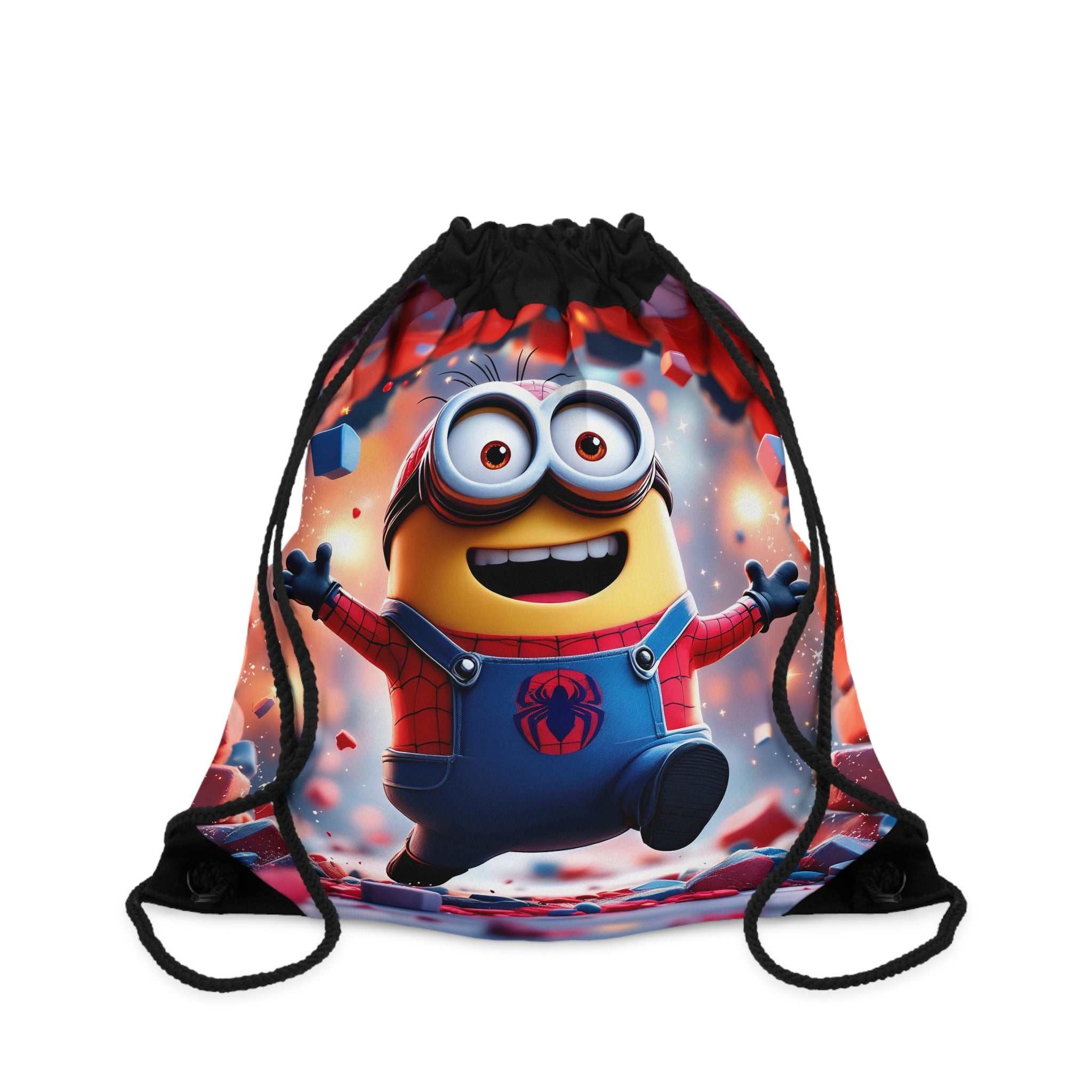 Minion Spider-Man drawstring gym bag with durable polyester, playful superhero design, and spacious interior for kids.