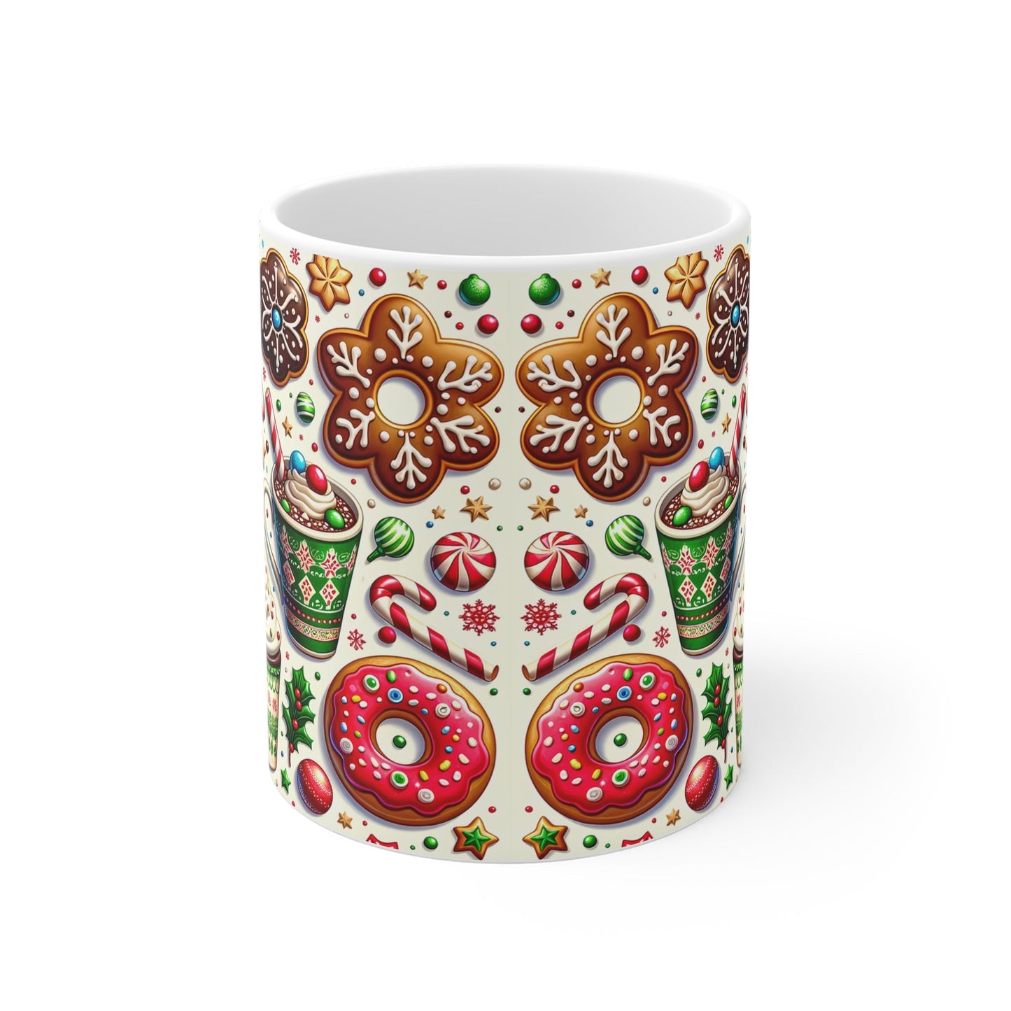 Gingerbread Christmas Mug with festive design, 11oz ceramic, glossy finish.