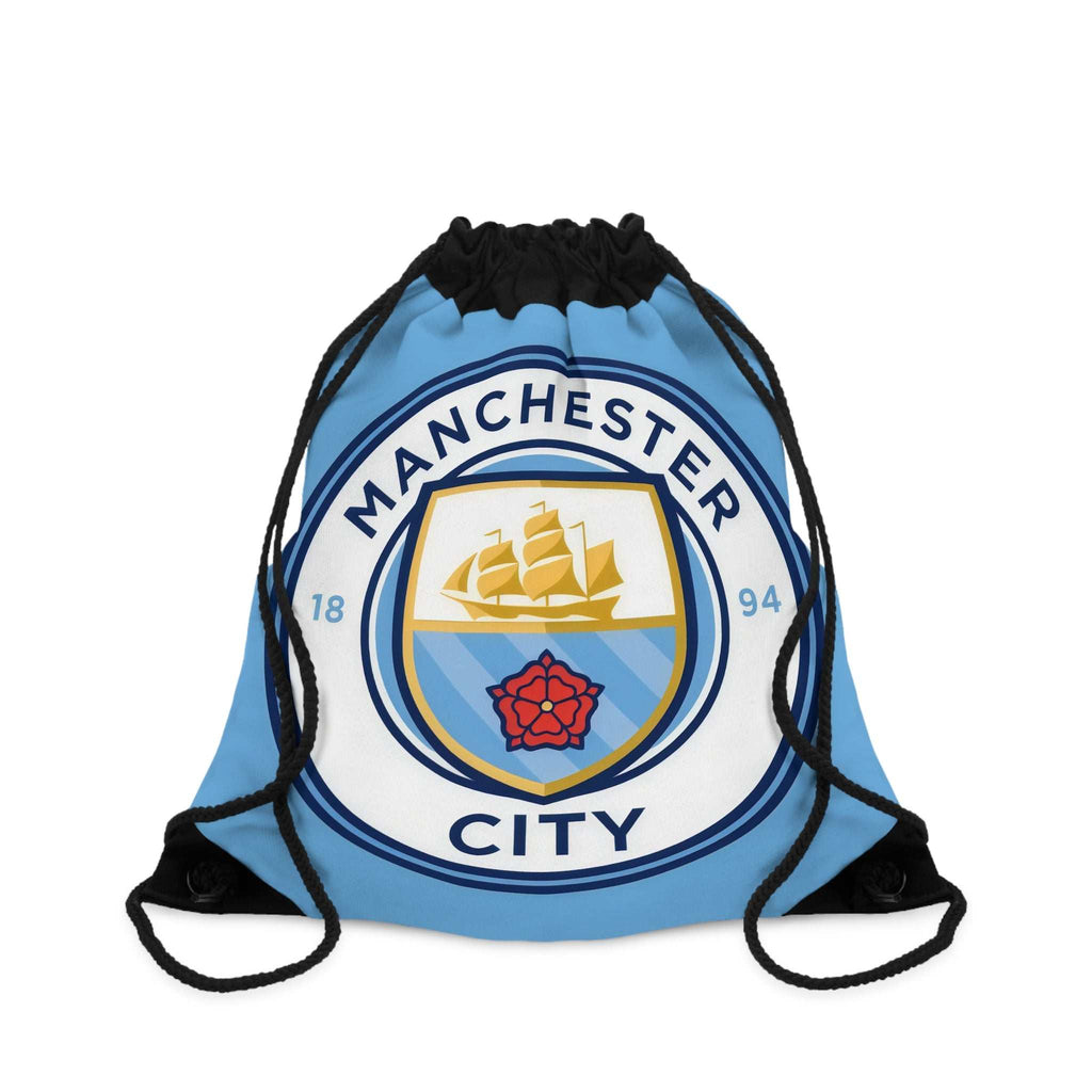Manchester City drawstring bag with club crest in sky blue and white colors, lightweight polyester, durable and spacious for gym, school, and travel.