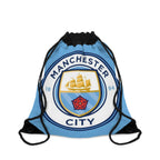 Manchester City drawstring bag with club crest in sky blue and white colors, lightweight polyester, durable and spacious for gym, school, and travel.