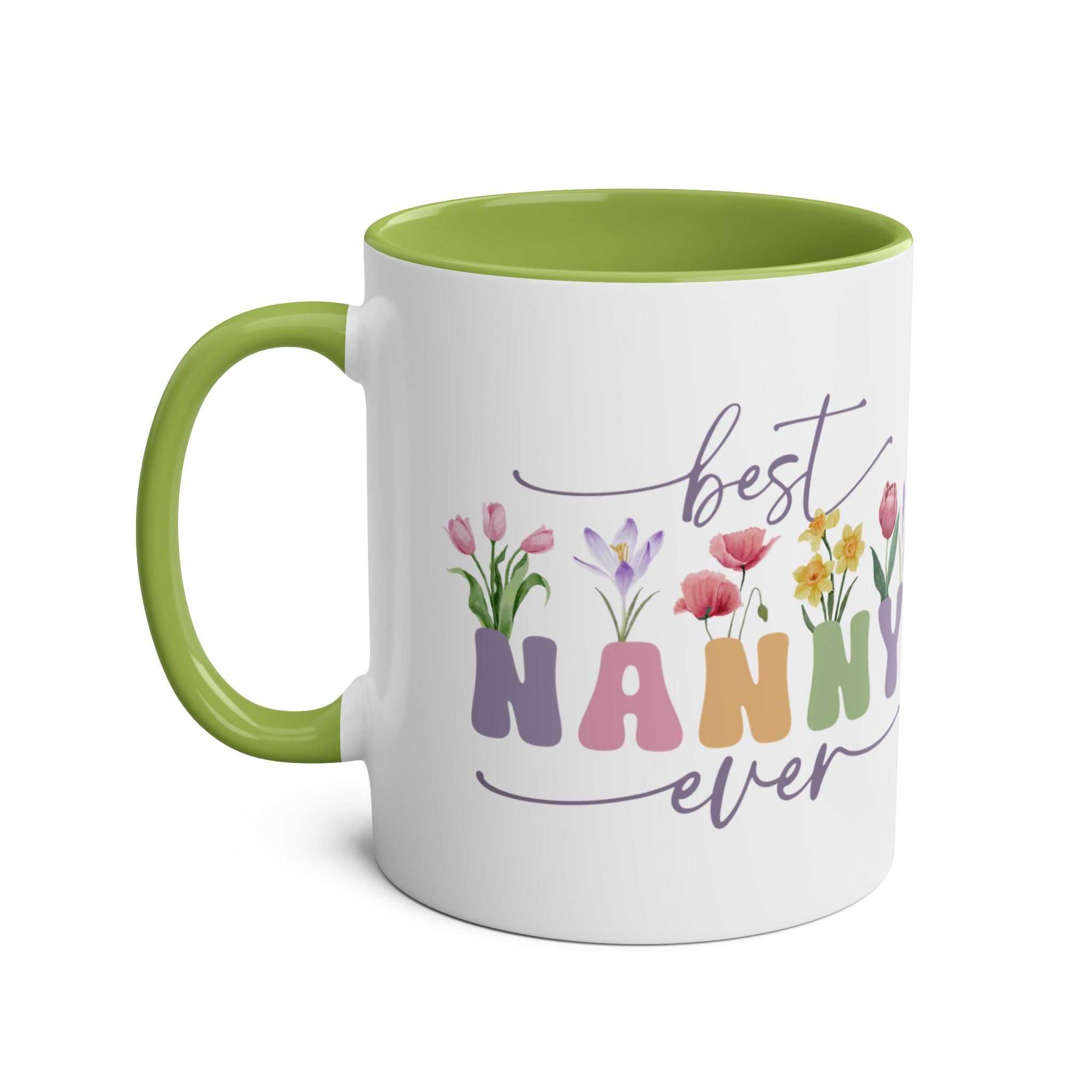 Best Nanny Ever Mother's Day gift mug with floral design and green interior.