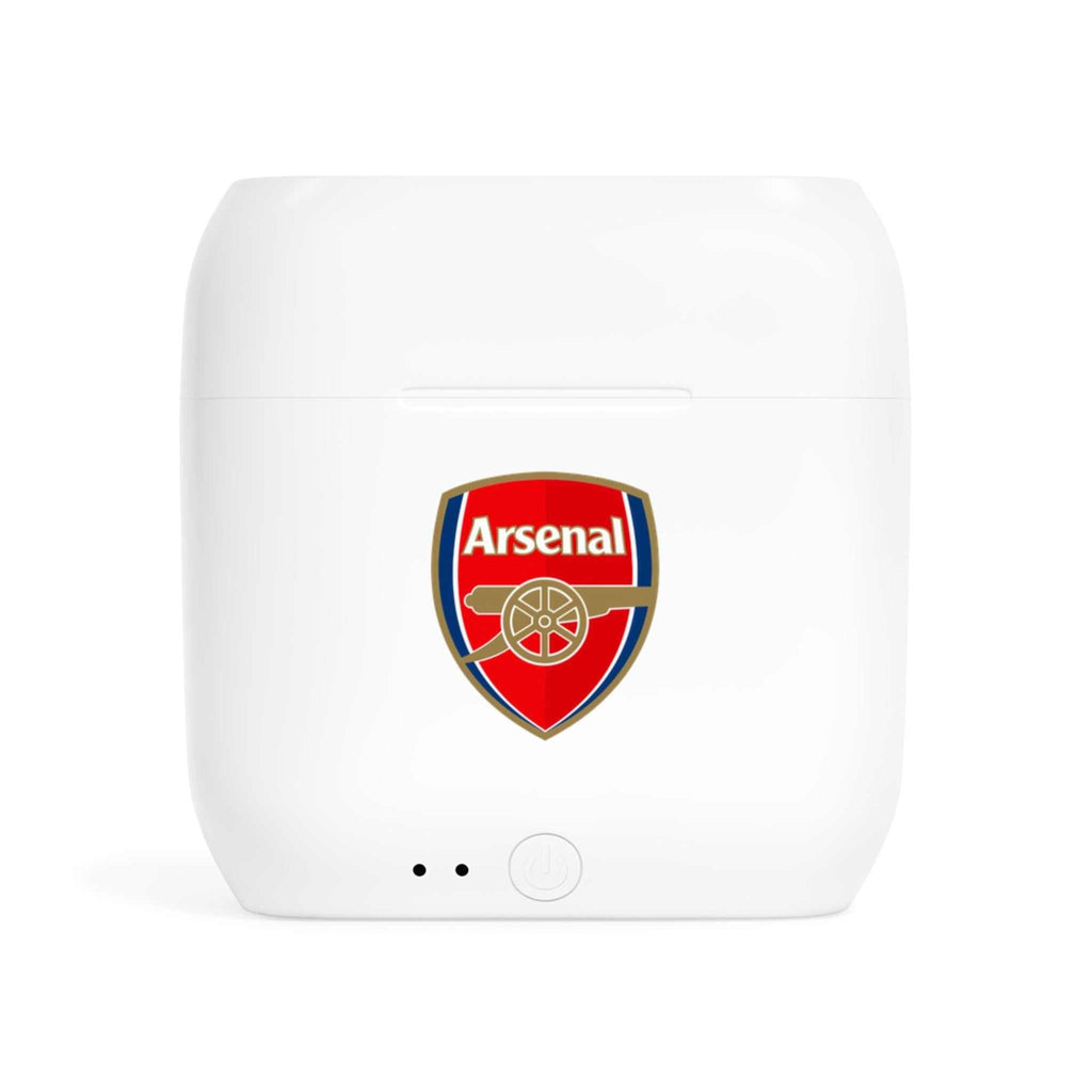 White Arsenal Fc wireless earbuds charging case with fan-inspired club crest design