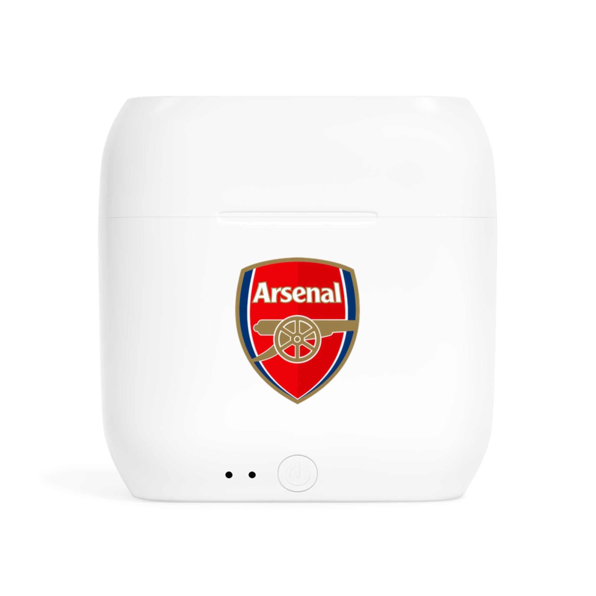 White Arsenal Fc wireless earbuds charging case with fan-inspired club crest design