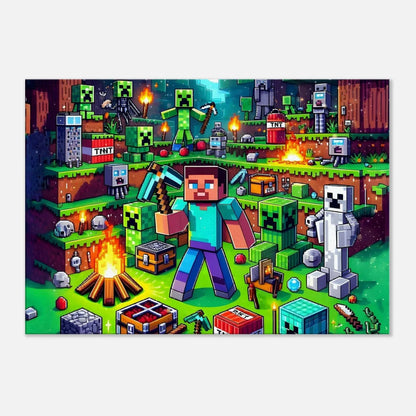 Minecraft Wall Canvas featuring vibrant scenes and characters from the game, perfect for decorating and celebrating crafting and building.