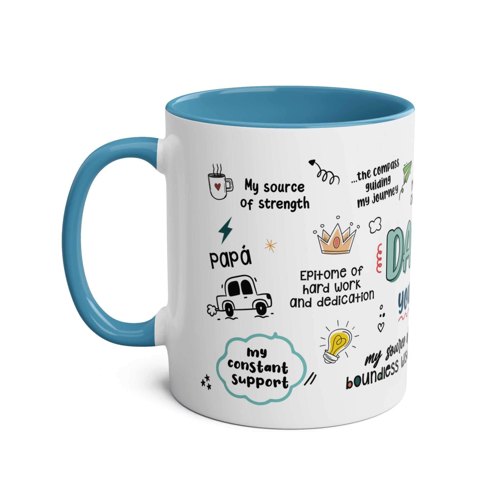 Fathers Day Gift Mug with blue handle and fun printed designs.