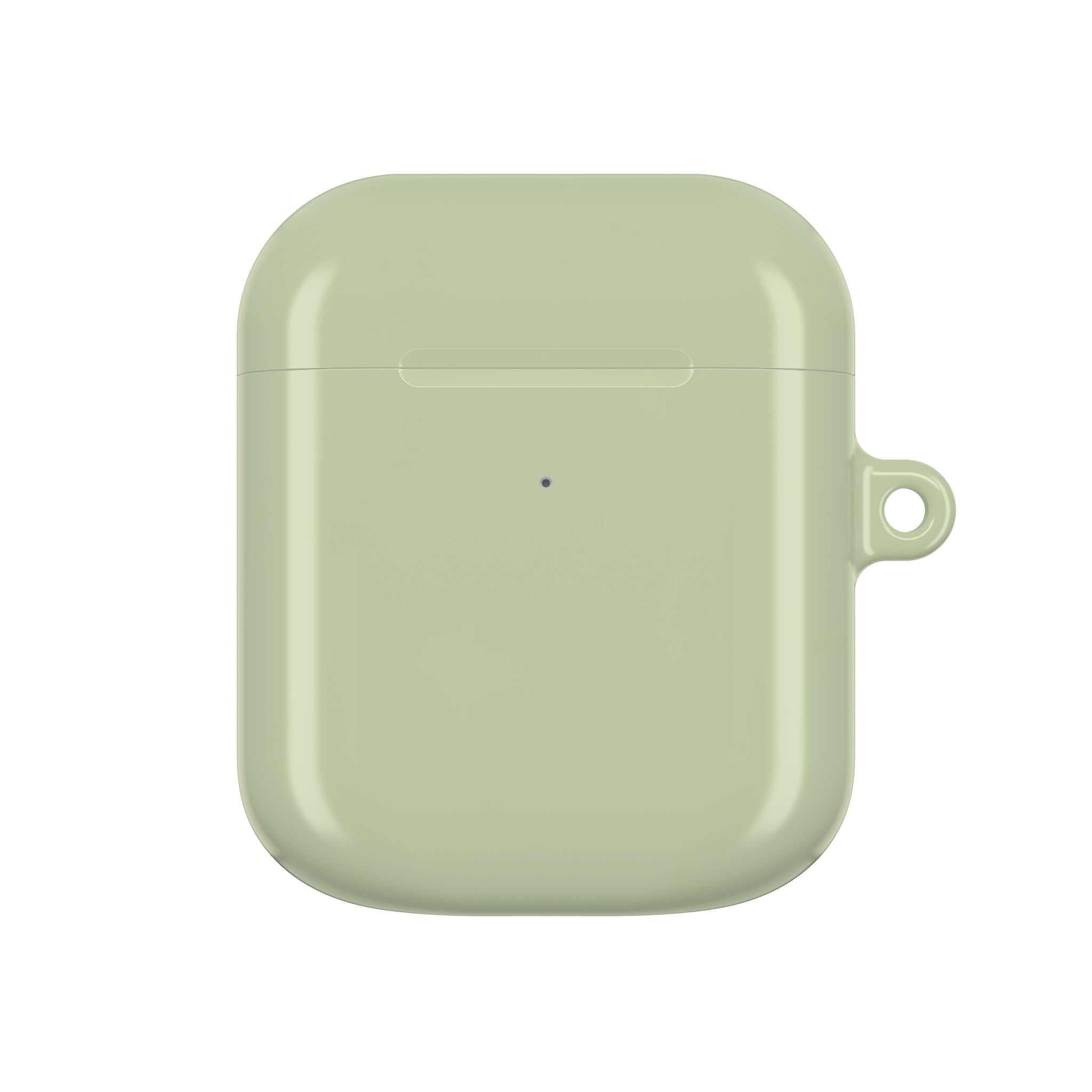 Sage green hard shell AirPods protective case with glossy finish and keyring loop