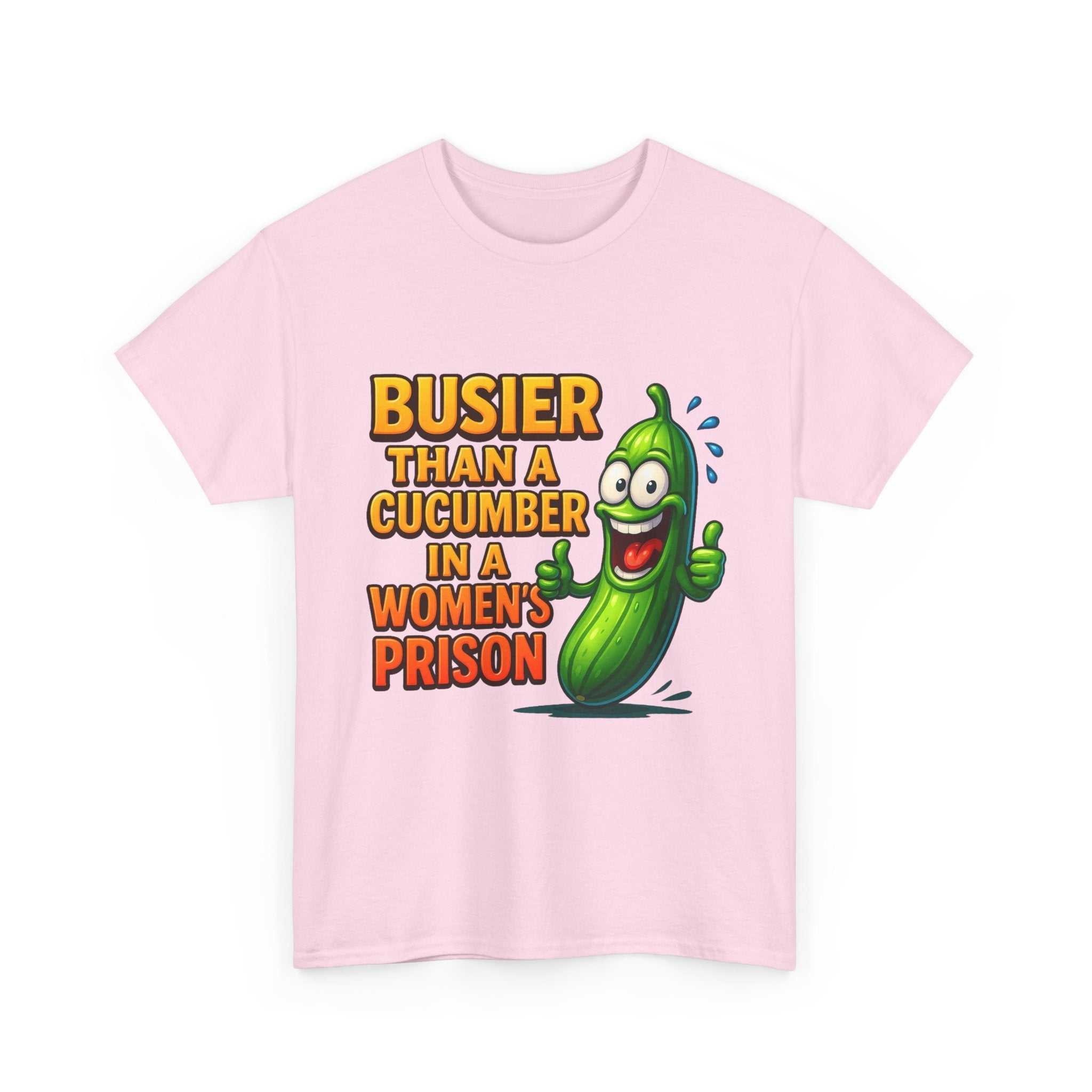 Woman wearing a soft cotton Busier Than a Cucumber T-Shirt with bold humorous print