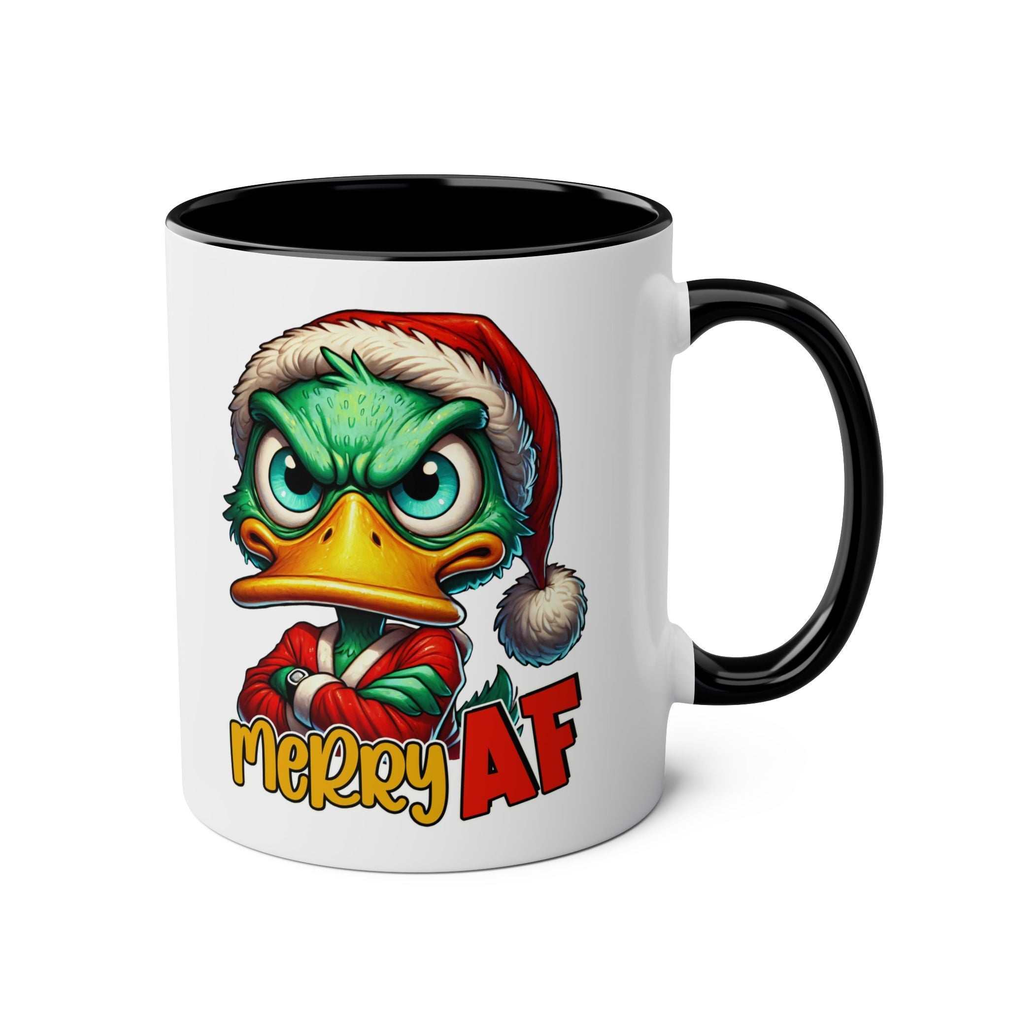Adorable duck novelty Christmas mug with sassy holiday design, 11oz ceramic, available in seven colors.