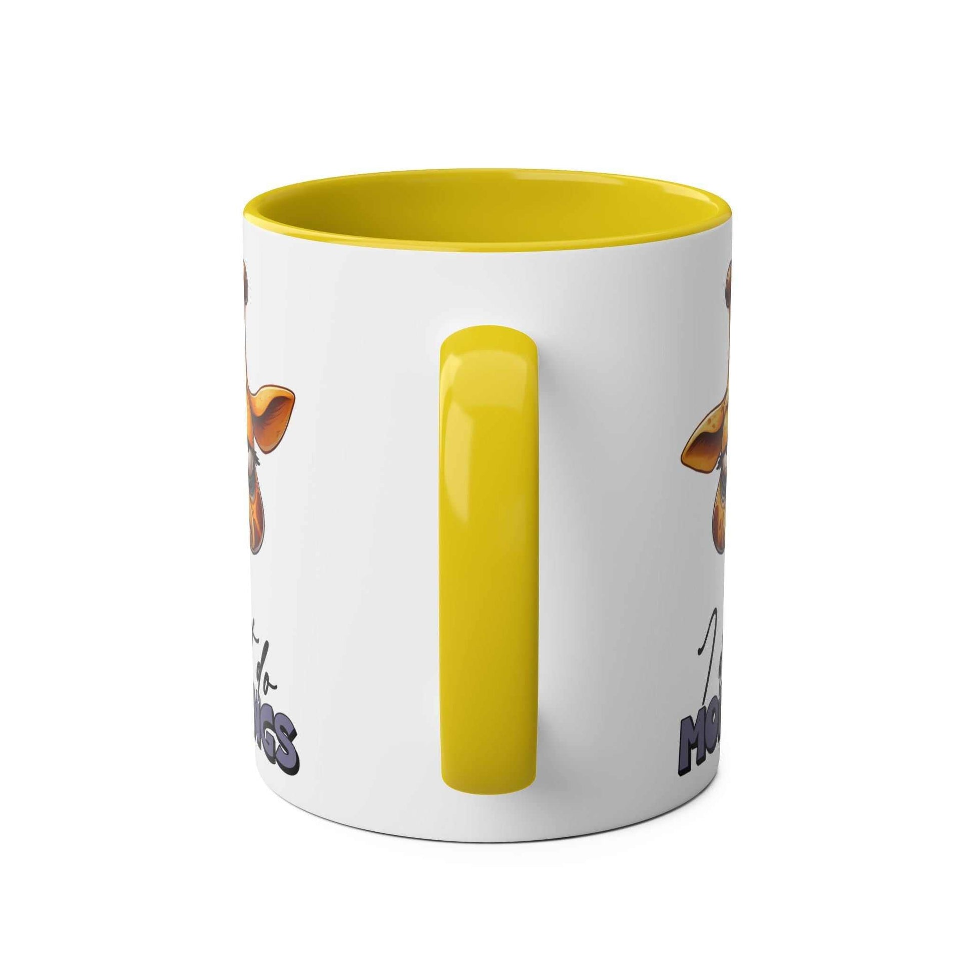 Dont Do Mornings Coffee Mug with giraffe design, yellow handle, ceramic, 11oz, available in 7 colors.