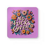 No Fucks Given Coaster Set with floral design on purple background.