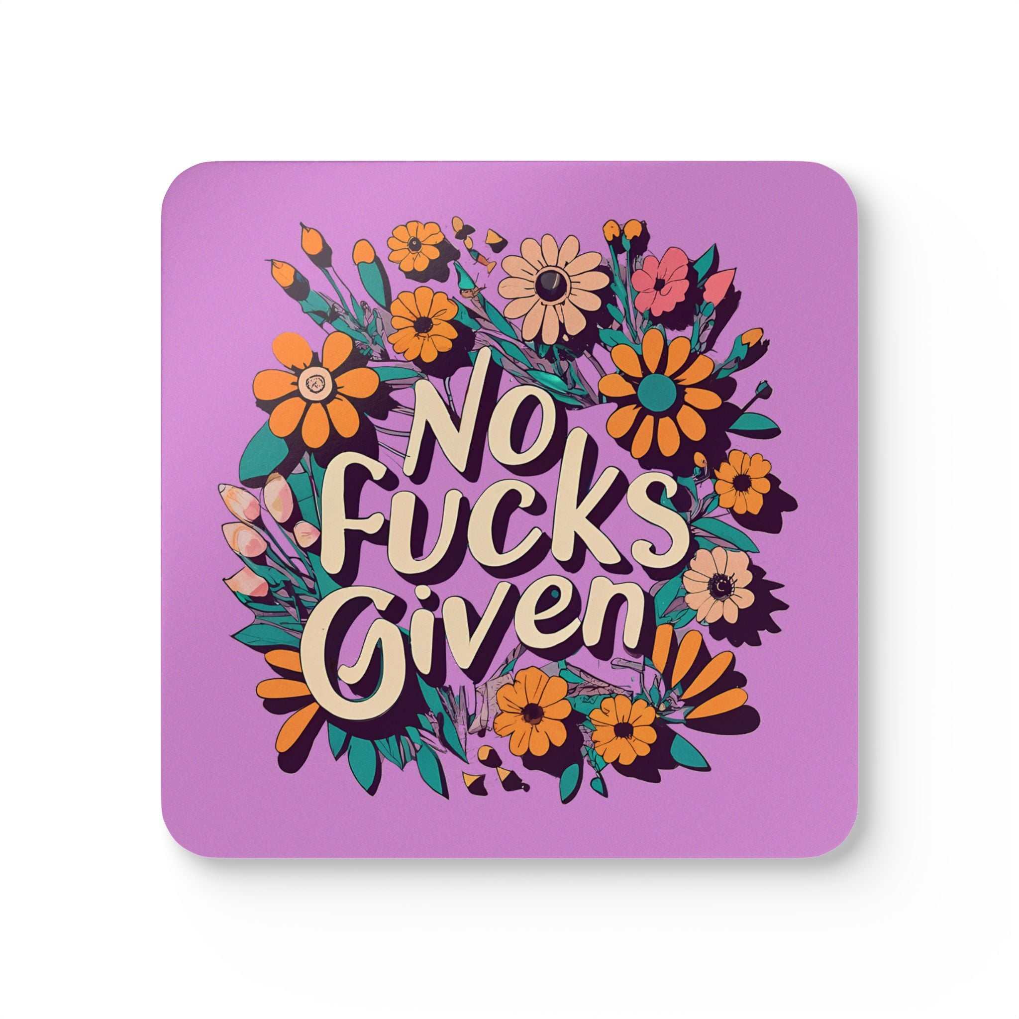 No Fucks Given Coaster Set with floral design on purple background.