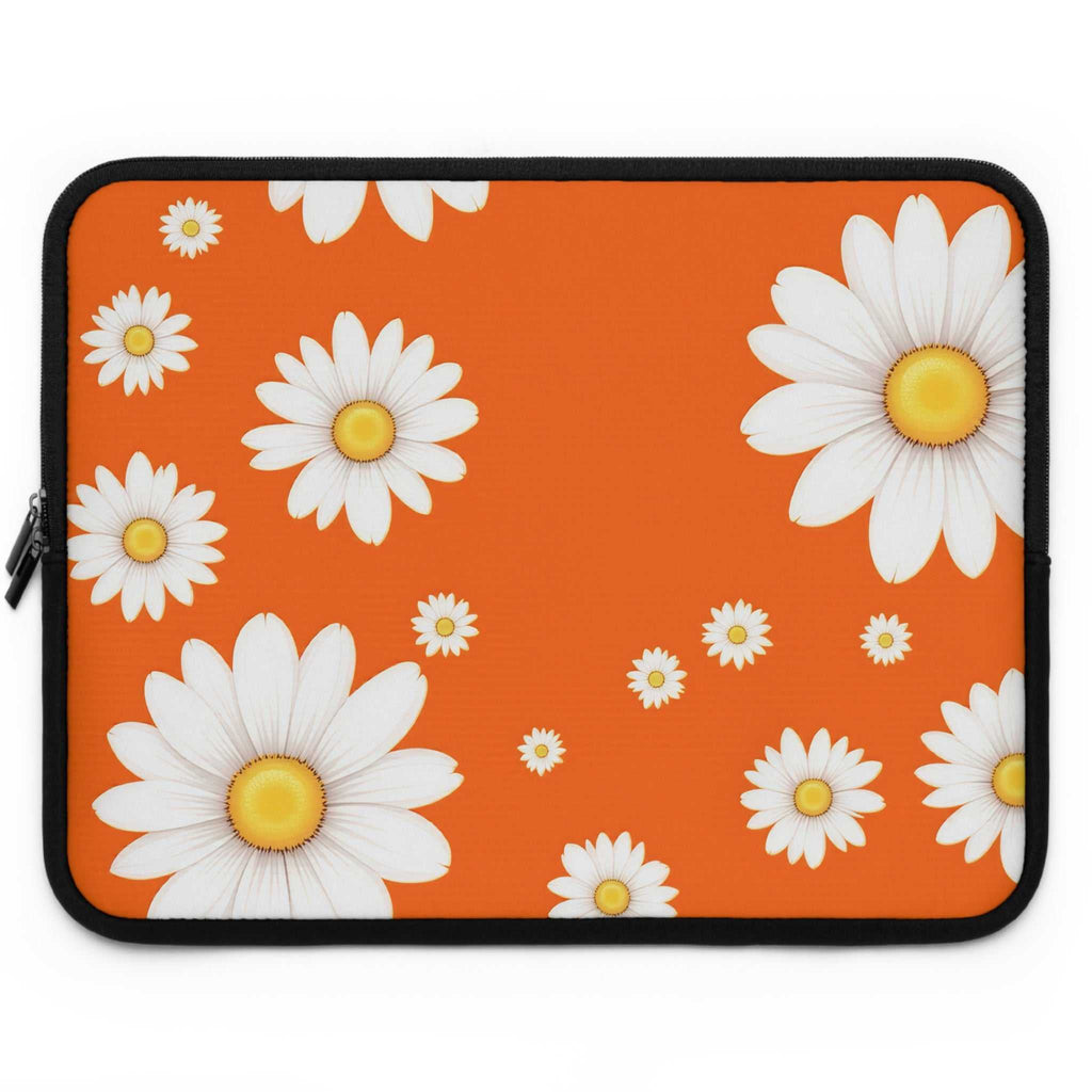 Orange daisy laptop sleeve with bright orange background and white daisies, durable neoprene, soft foam lining, dual zipper, lightweight and waterproof protection for laptops