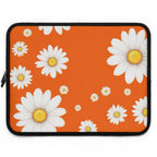 Orange daisy laptop sleeve with bright orange background and white daisies, durable neoprene, soft foam lining, dual zipper, lightweight and waterproof protection for laptops