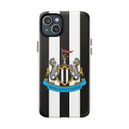 Newcastle United MagSafe iPhone case with black and white stripes and club crest, durable dual-layer protection, MagSafe compatible.