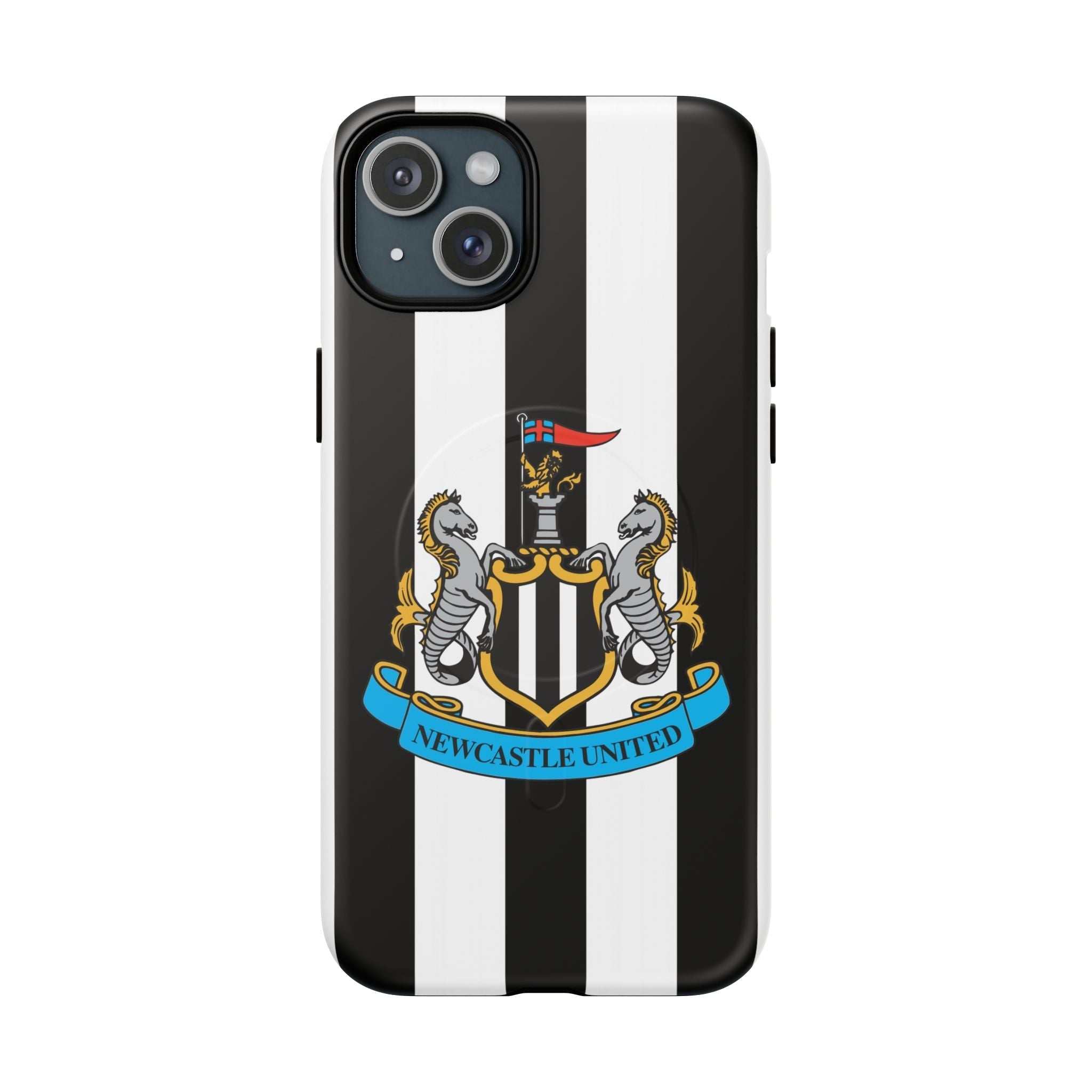 Newcastle United MagSafe iPhone case with black and white stripes and club crest, durable dual-layer protection, MagSafe compatible.
