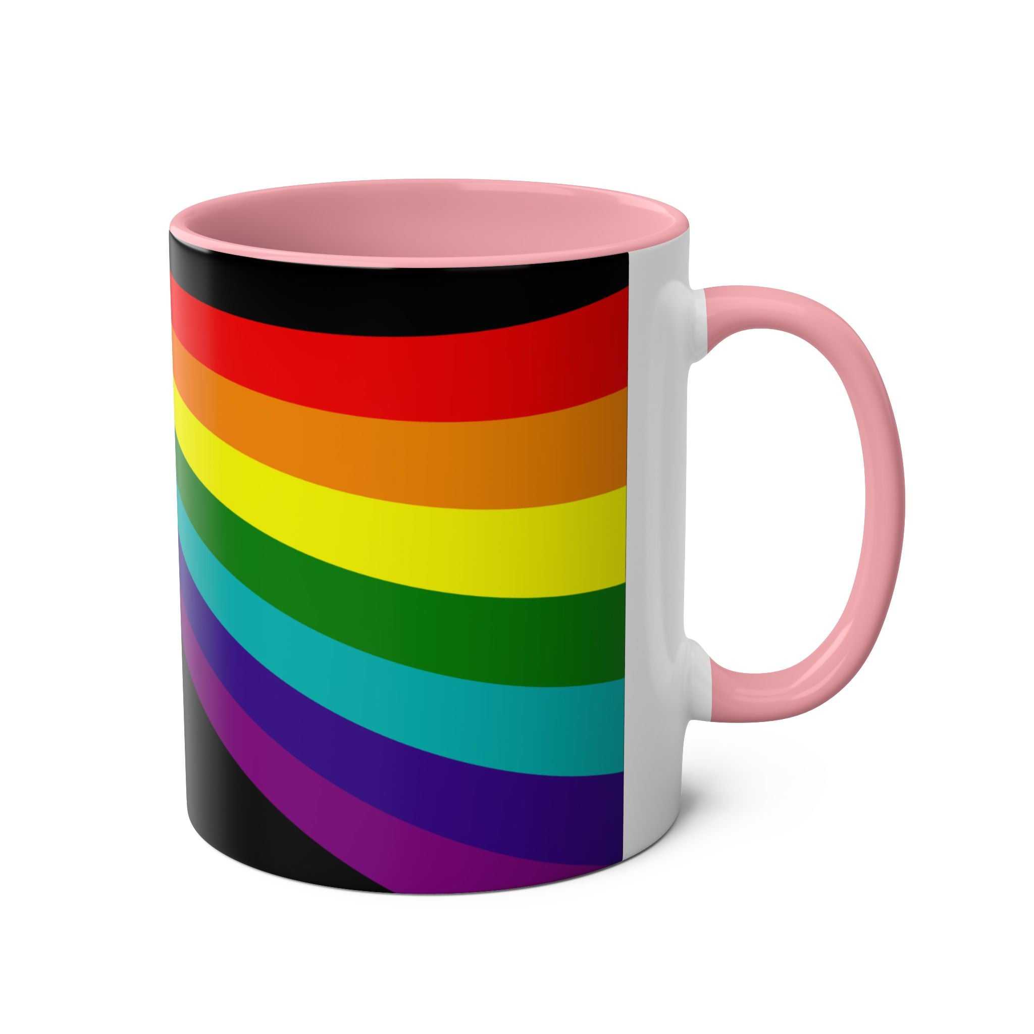 LGBTQ+ Pride mug with vibrant rainbow design, high-quality ceramic, pink handle, 11oz, microwave and dishwasher safe.